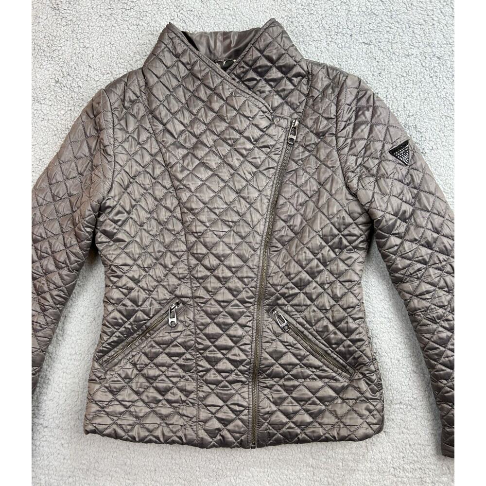 Women's GUESS Gray Puffer Jacket Size S Leopard Print Inside Check Diamond Dsgn - Picture 2 of 12